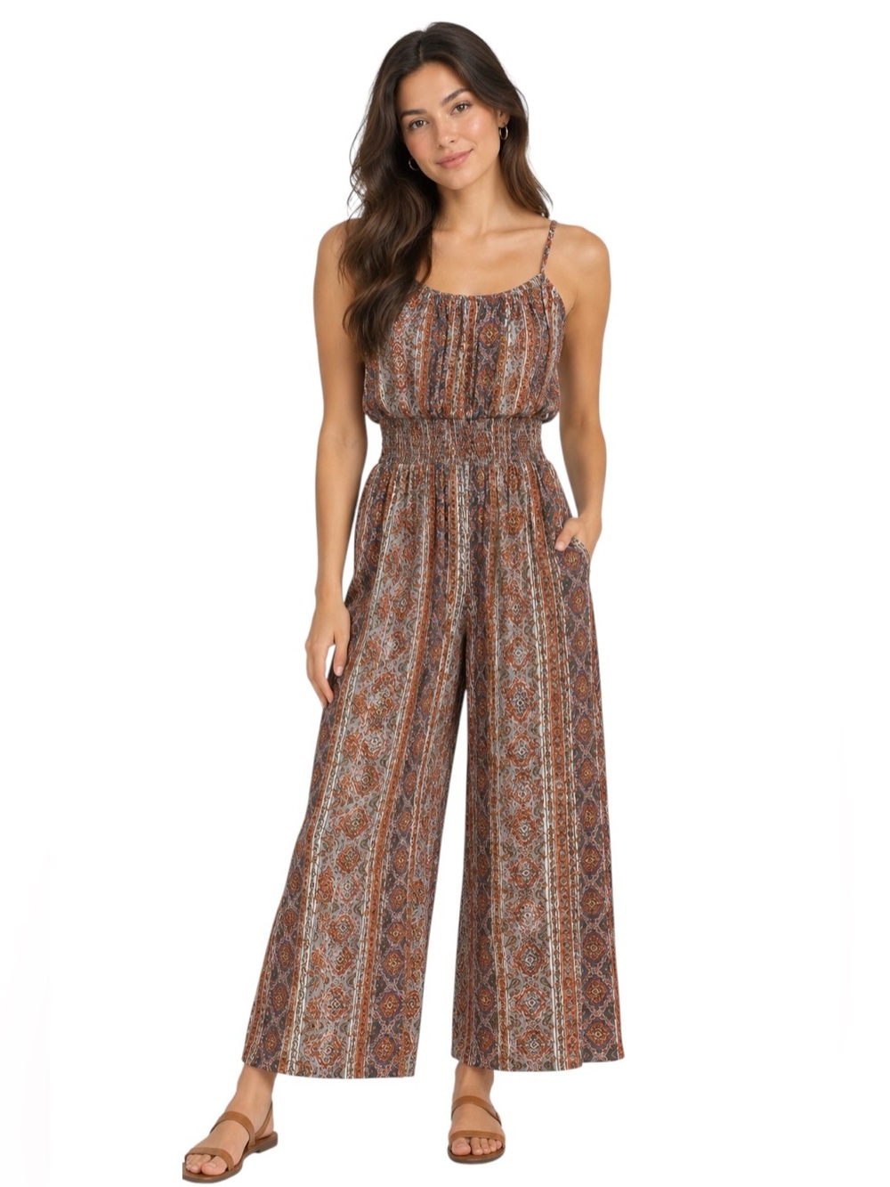 Pie In The Sky Boho Smocked-Waist Wide-Leg Jumpsuit Geometric Floral Paisley L